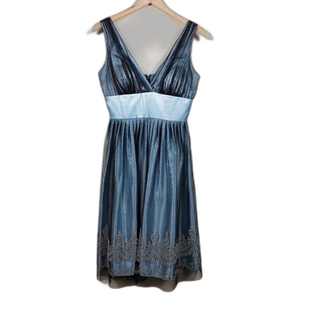Davids Bridal Baubles Beads Mesh Dress Womens Size 6 Teal Black Beaded Hem